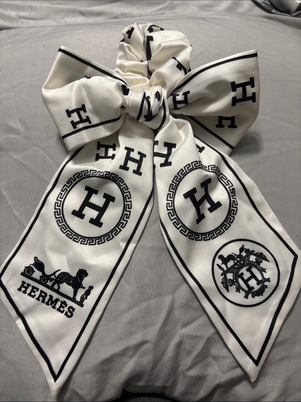 Hermès-Inspired White and Black Silk Hair Bow Scrunchie
